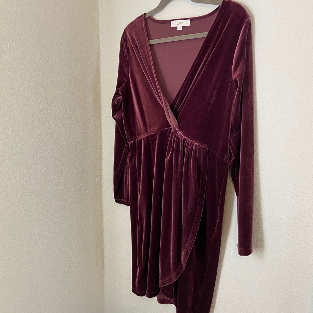 LOFT Velvet Long Sleeve Wrap Dress in Burgundy